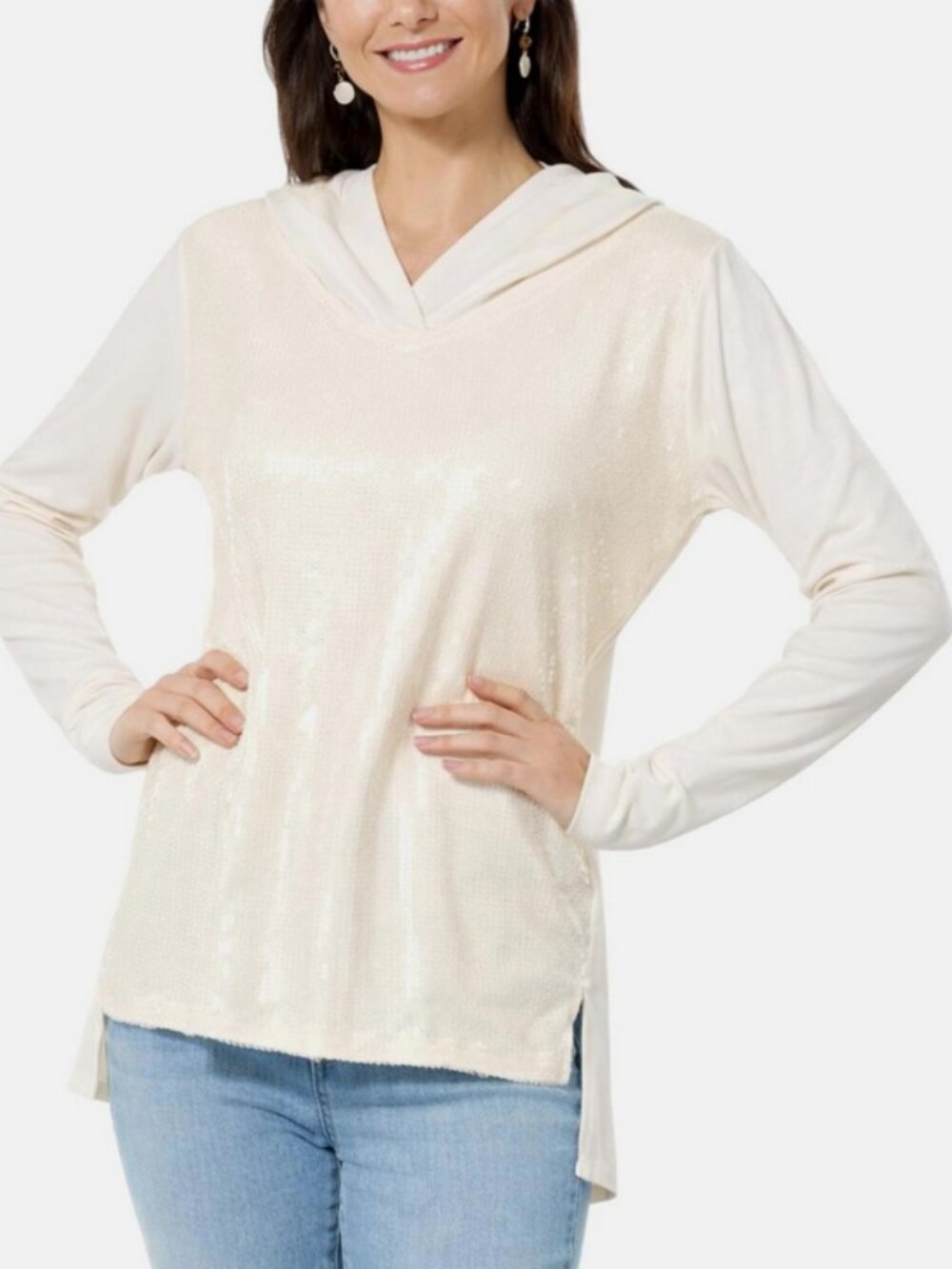 Colleen Lopez Women's Mixed Media Sequin Front Hoodie Cream